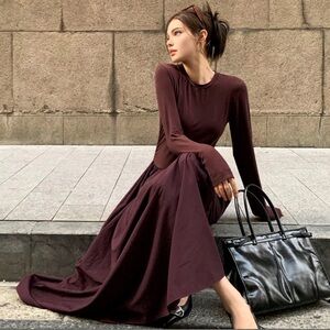 Commense Long-Sleeve Gathered Waist Maxi Dress in burgundy
